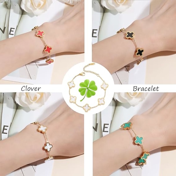 18K guldpläterat klöverarmband för kvinnor Justerbart sött armband Lucky Armband Smycken presenter för kvinnor tjejer (vit)