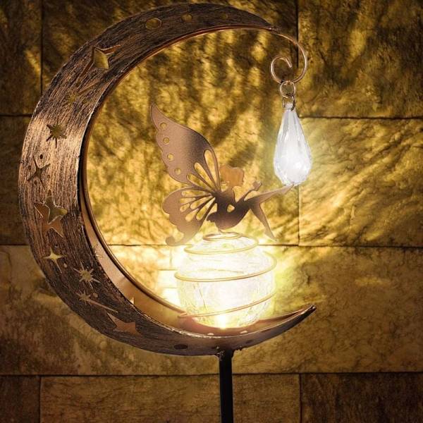 Moon Solar -puutarhakoristevalot, patiokoriste, metalli, aurinkokuu, lasi-LED, puutarhavalaisin, lattiavalaisin