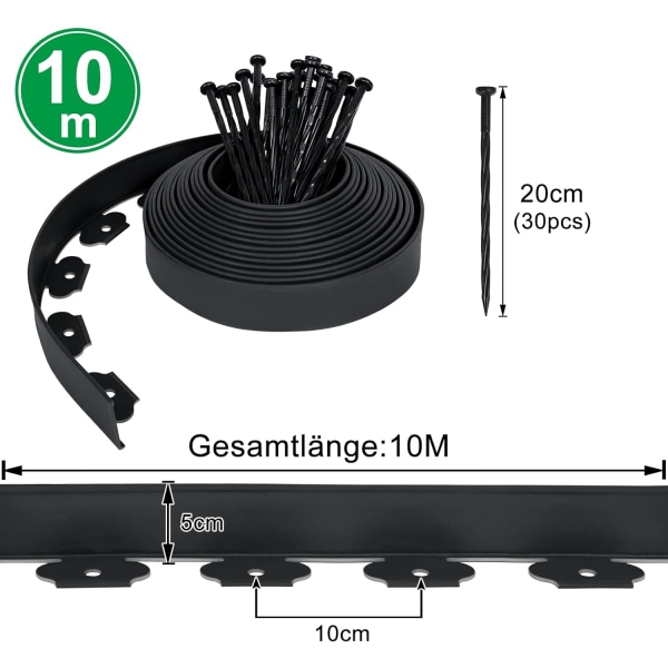 Plastplænekant 10m - Fleksibel havekant med 30 ankerpæle Dekorativ haveplænekant, sort