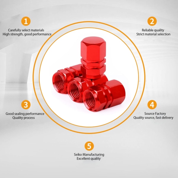 4 stk. Dekkventilhetter, Bilventil, Dekktilbehør, Universell Ventildeksel, for Anti-Støv Ventildeksel for Motorsykkel Bil Sykkel (Rød)