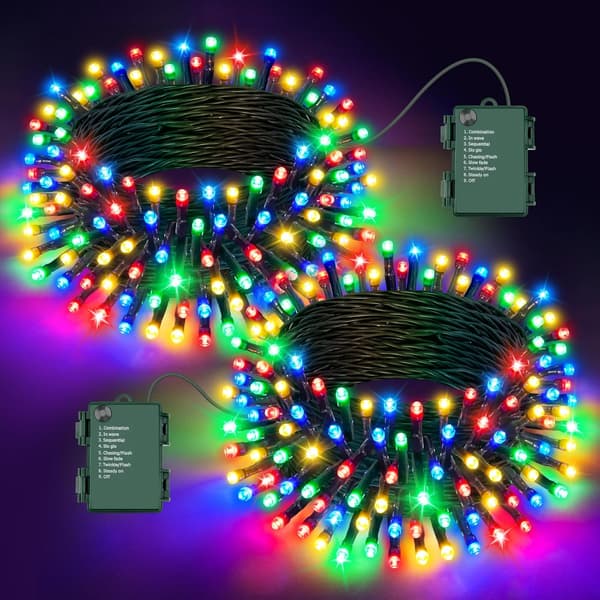 2 STK Julelys, 16,4FT x 2 Batteridrevne Lyslenker, 100LED med 8 Moduser Timer for Innendørs og Utendørs Dekor
