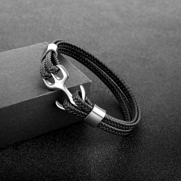 Armband för män och kvinnor, handgjord läderarmband i kohud, flerskikts vintage ankarknapparmband, 3 storlekar Silver Black 23CM