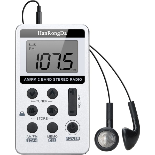 Pieni kannettava radio, AM/FM 2-kaistainen stereoradio DSP-digitaaliviritysv vastaanotin LCD-näytöllä, USB-ladattava ja kuulokkeet kävelyyn grey silver