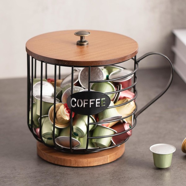 Coffee Pod Holder,Large Capacity Black Wire K cup Storage with Wooden Lid,for Pods & Espresso Capsules