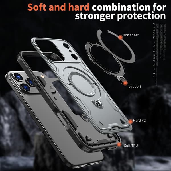 iPhone 17 Pro Max Armor Skal med 360 Metallring Kickstand Magnetisk Stötsäker Airbag Bumper Skydd Militärklassad Anti Fall Grå
