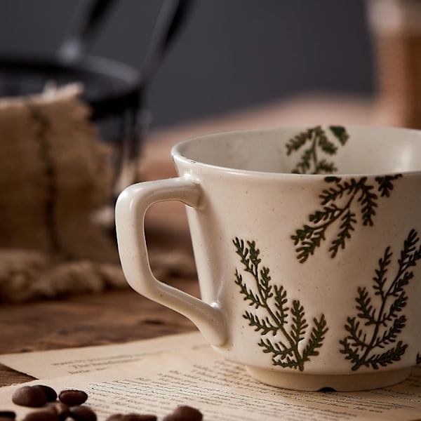 12oz Rustikke Keramiske Kaffekopper Sett med 4 - Håndlagde Keramikk Landlige Kaffekopper med Stort Håndtak for Latte, Te, Melk, Varm Kakao