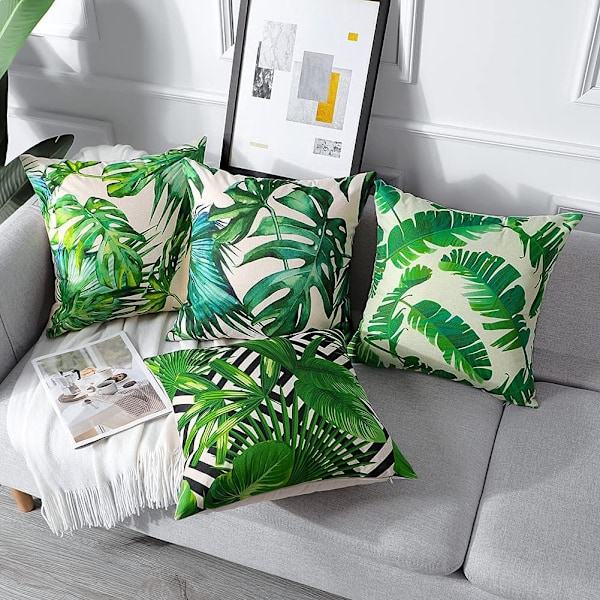 Set med 4 Dekorativa Kuddfodral 45x45cm, Tropiska Växter Mönster Vattentäta Prydnadskuddar, Perfekt för Uteplatsbänk