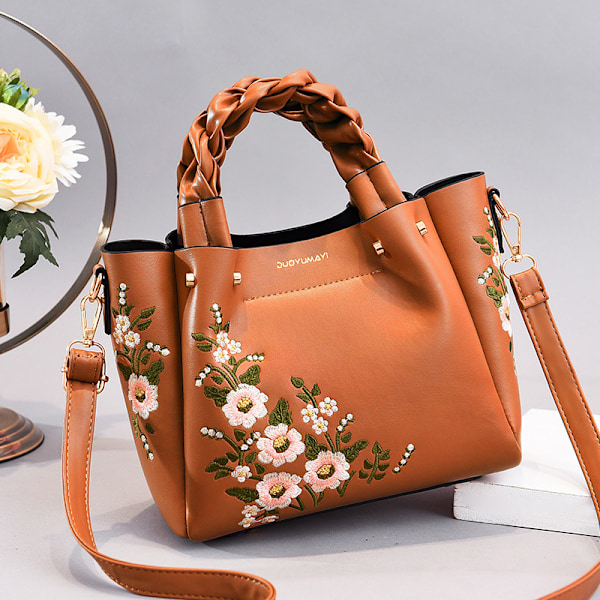 Broderad Handväska för Kvinnor Hinkväska Elegant Axelväska Dragkedja Crossbody Väska Övre Handtag Väska Satchel Handväska