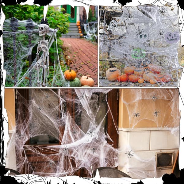 Halloween Spindelvæv 300g strækbart spindelvæv med 60 små sorte edderkopper til fester