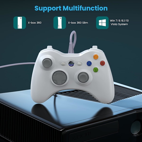 Kablet kontroller for Xbox 360, spillkontroller for 360 med dobbel vibrasjon Turbo kompatibel med Xbox 360/360 Slim og PC Windows 7,8,10 White