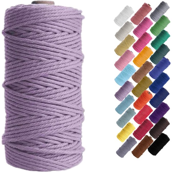 Makrame-snøre, bomulls-snøretråd, for veggdekor, plantehengere, DIY-håndverk, hjemmedekorasjoner, gaveinnpakning 3mmx100m Light purple