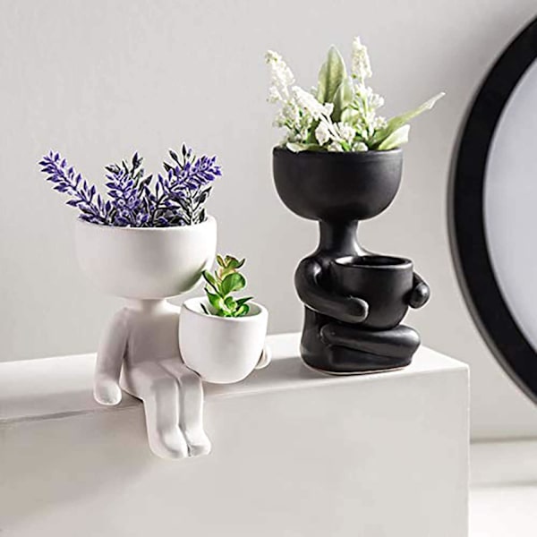 2 stk Keramiske Sukkulente Plantepotter Kreative Menneskeformede Små Kaktuspotter Blomsterpotter Mini Planteplantere (Hvit & Svart) 2.6 x 2.5 x 4.3IN