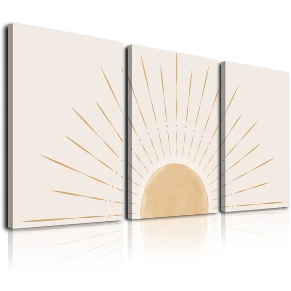Boho-seinätaidesetti 3 osaa, Canvas-seinätaide Keltainen Auringonnousu Horisontissa Geometrinen Luontokuvitus Taide Seinälle, Toimistoon, 12\"x16\"
