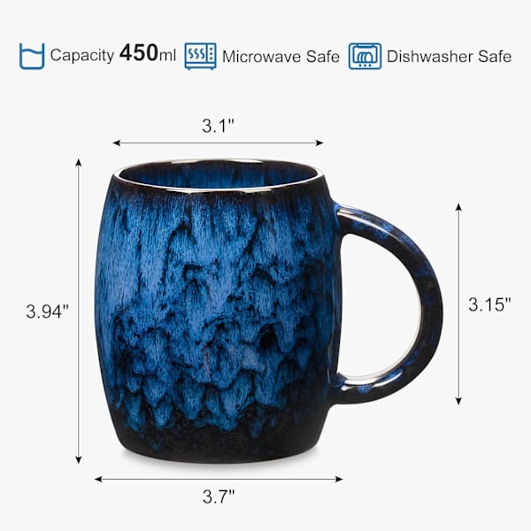 400ml Keramisk Kaffekopp Stor 14Oz Håndlaget Glasur Blå Tekopp Nyhet Keramikk med Stort Håndtak for Kontor og Hjem (Mørkeblå)