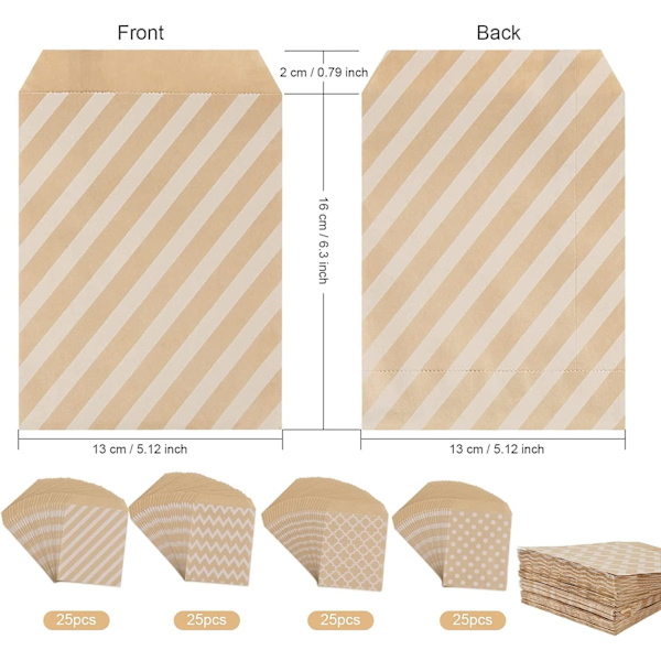 Pakke med 100 Kraft Papir Slikposer, Slik Cookie Favor Snacks Buffet Butik Wrappers, 4 Forskellige Stil Ingen Voks Slikposer, 13x18CM