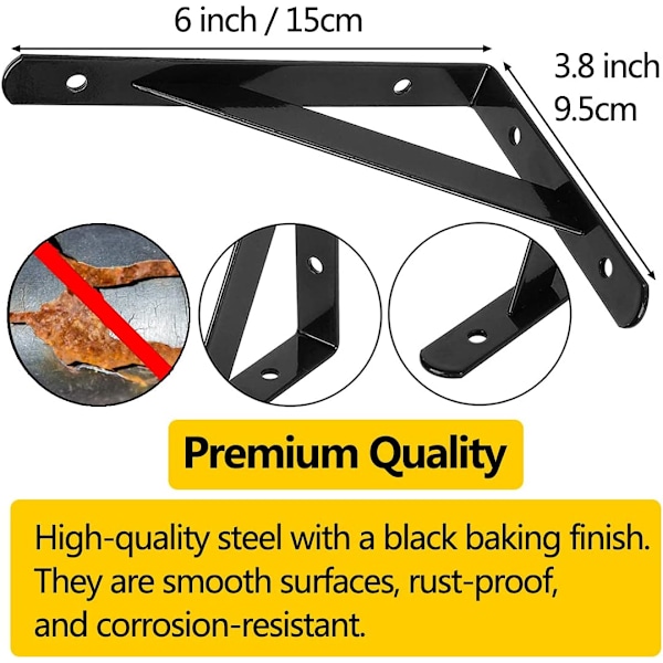 Väggkonsoler, 6-pack hyllkonsoler, 15 × 9,5 cm metall 90 graders triangulära konsoler flytande ram tunga, svart