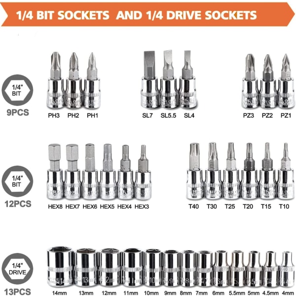 46-delad krom-vanadin hylsnyckelsats 1/4\" adaptersats hylslådesats för bil DIY