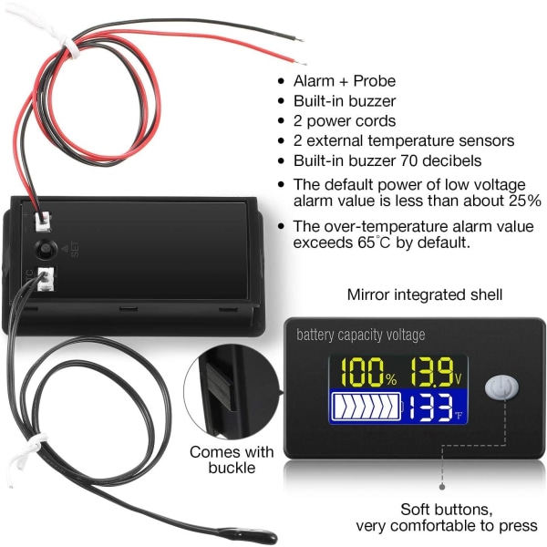 12V Batterikapacitetsindikator LCD-skærm Voltmeter Temperaturtester til Li-ion Lifepo4 Blysyre