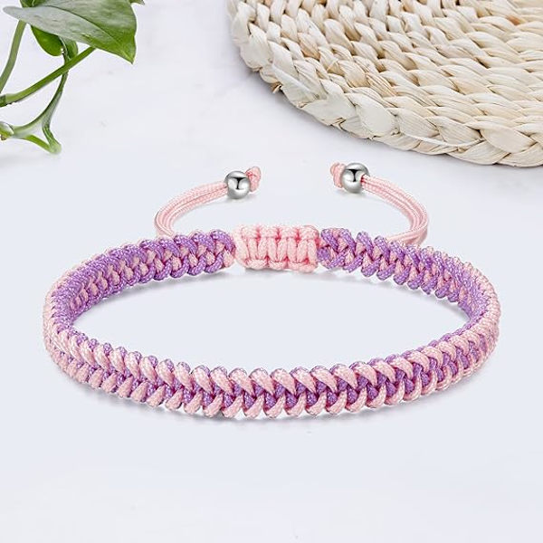 Flätad rep-armband dam herr, flickor pojkar födelsedag vänskap par presenter handgjorda smycken Pink-purple