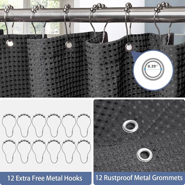 Våfflad duschdraperi, med duschdraperiringar tyg badkar draperi set Black 2*1.8m