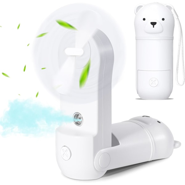 Bærbar Håndholdt Ventilator, Mini Håndventilator med Vandtågespray, Foldbar Ventilator med USB Genopladeligt Batteri, Lommeventilator med 3 Hastigheder White