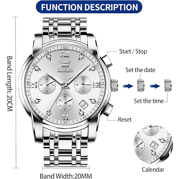 OLEVS Herrklocka Chronograf, Vattentät Multifunktionell Urtavla med Datum Diamantklockor för Män White Dial/Silver Band