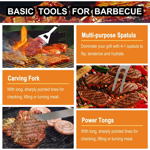 Kraftig grillverktøysett for grill, ekstra tykk rustfritt stålspatel, gaffel og tang. Komplett grilltilbehørsett i aluminiumsbeholder