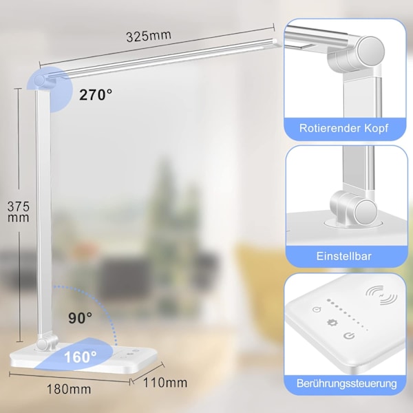 LED-skrivebordslampe, dimbar bordlampe 7,5 W trådløs lading og USB-ladeport leselampe for øyebeskyttelse, 5 lysstyrkenivåer, 5 farger lampe