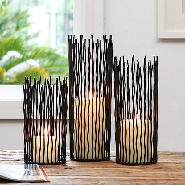 Willow Ljusstake Set om 3, Svart Metallpelarljusstakar för Bordscentrum Modernt Ljusstake