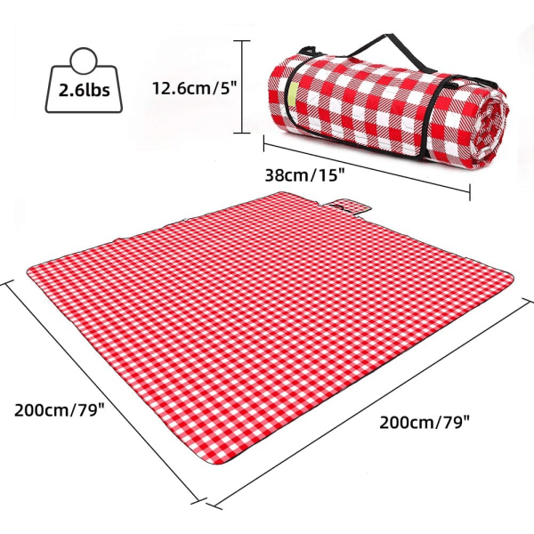 Maskintvättbar Picknick- & Strandfilt Handy Mat Plus Tjock Dubbellager Sandtät Vattentät Vaddering Bärbar 79\"x79\"(Röd och Vit) Red and White 79"L x 79"W