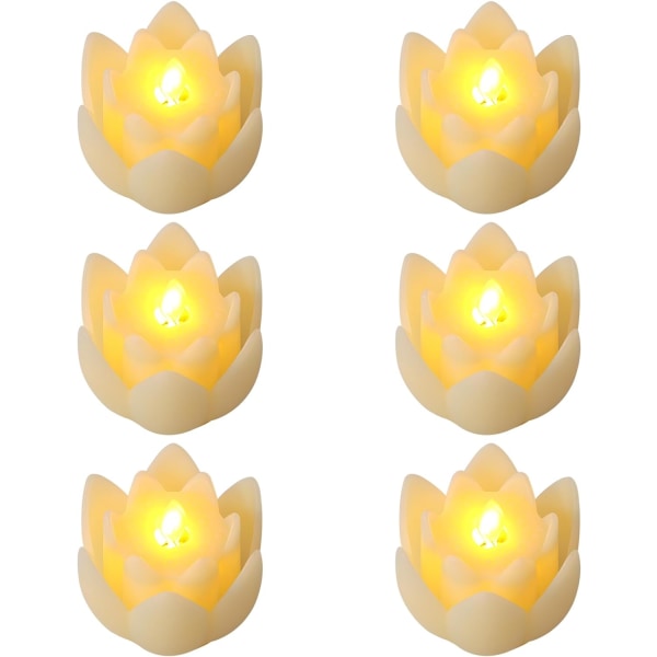 6 stk. LED Lotus Bordlys, 7,5*3CM Lotus Lamper Elektroniske Buddhistiske Lys Batteridrevne Buddha Flimrende Varmt Hvide Lys