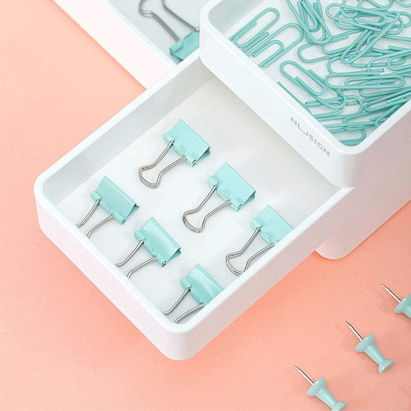 72-delars kontorsmaterialset, inklusive 22 pärmklämmor/30 gem/20 tryckstift tumtacks, skolbordstillbehör arrangör med låda Blue