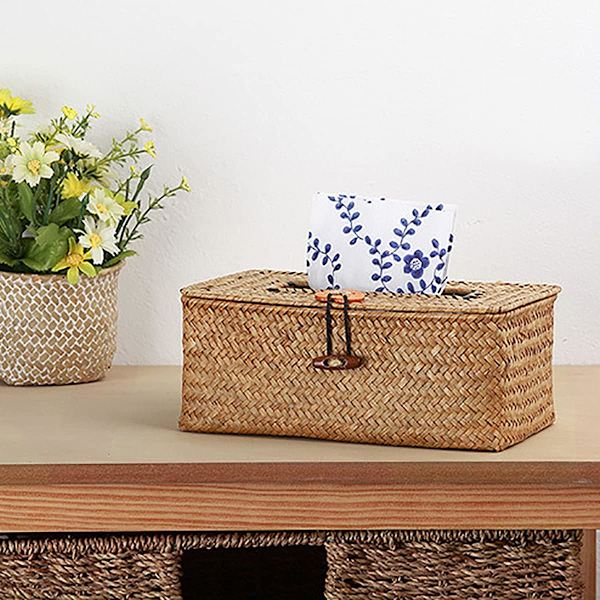 Rektangulær Tissue Box, Reed Woven Box Dispenser, Tissue Dispensere til Hjem Hotel Kontor Bil Badeværelse