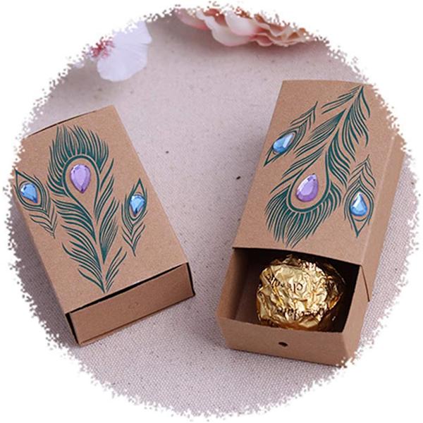 50 kpl DIY Make-a-Candy-Boxes Peacock Feather Diamond Drawer Pull Kraft Paper Candy Gift Boxes Party Favor Gift As shown 7.5x5x3cm