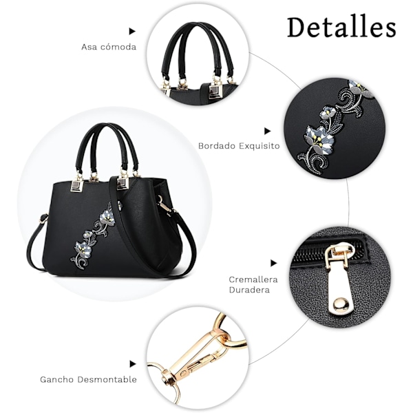 Dametasker Blomstermønster Crossbody Tasker Pom Pom Dekoration Håndtasker Tote Tasker til Damer Skuldertaske PU Læder negro