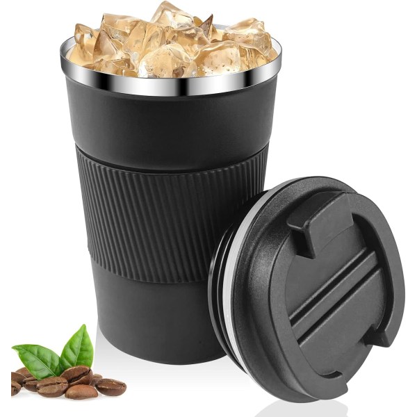 Kaffemugg 380 ml, 304 rostfritt stål Återanvändbar droppfri varm kaffekopp för bil, förseglad kaffetermos för varmt och kallt kaffe, mjölk och te black