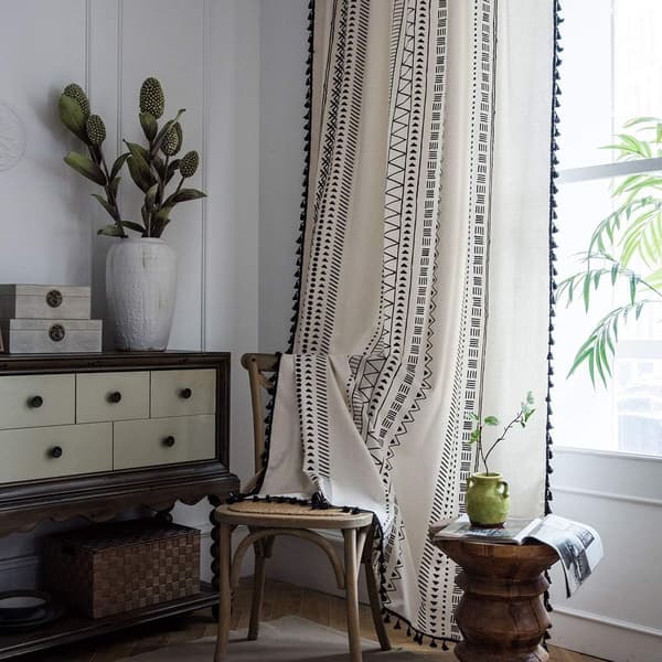 Panel Bohemian Bomull Linne Gardiner med Svart Tassel för Vardagsrum Sovrum (Vit, 150x180cm)