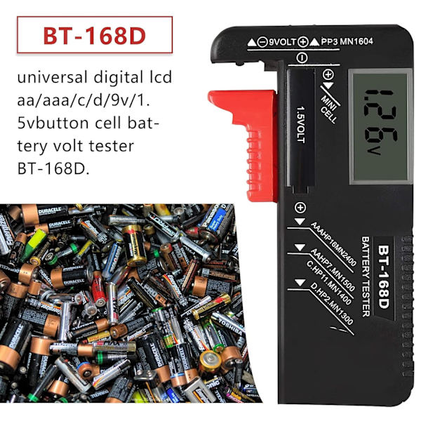 Digitalt batteritester, Universal batteritester, Batteritester, til AA, AAA, C, D, PP3, 9V, 1,5V, knapcelle batterier - Fungerer uden batterier