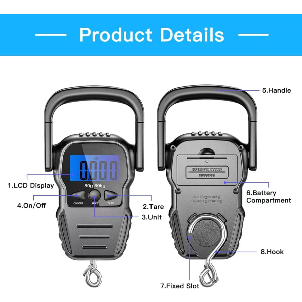 Elektronisk bagagevægt/bærbar digital vægt/kuffertvægt med baggrundsbelyst LCD til rejser, fiskeri og bueskydning, stor krog, batterier inkluderet