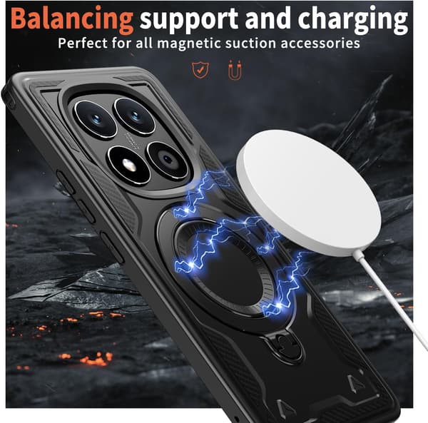 Xiaomi Redmi Note 14 Pro/Plus 5G panserveske, 360 metallringstativ magnetisk støtsikker kollisjonsputedeksel svart