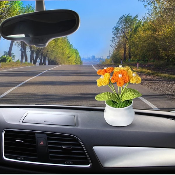 2 Pak Hæklede Potteplanter Strikkede Hæklede Blomster Små Strikkede Blomster i Potte med Plastik Blomsterpotte Hæklet Blomst style 1