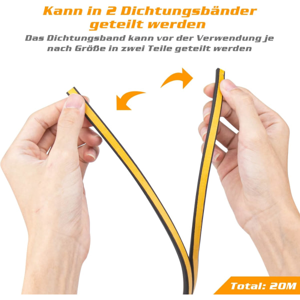 2-pack 20 m tätningslist, självhäftande anti-kollision dörrtätning, D-Profi dörr- och fönstertätningslist för väderbeständighet/ljudisolering - 9 mm*6 mm