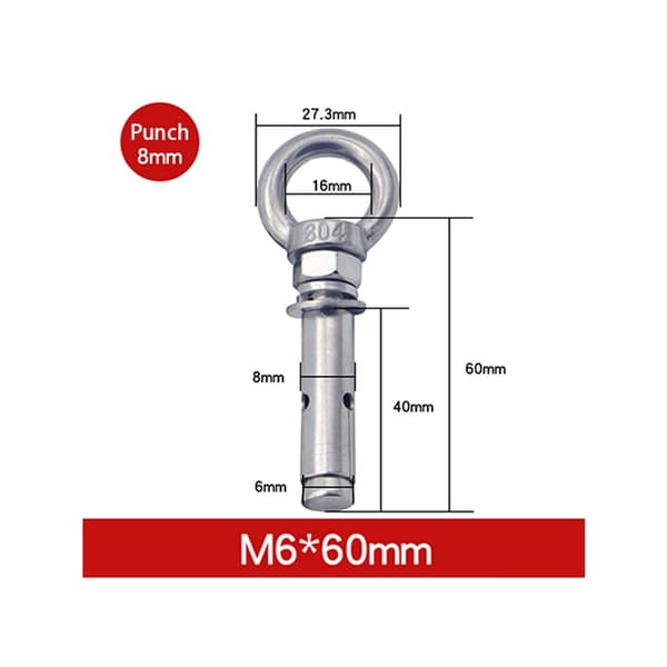 4-pack M6 x 60 mm expanderbara öglebultar i 304 rostfritt stål, lyftöglor för vägg-, murverks- och betonginstallation