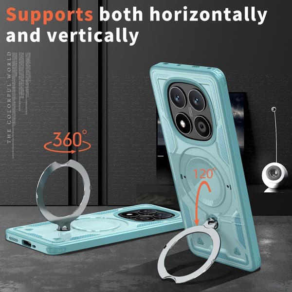 Xiaomi Redmi Note 14 Pro/Plus 5G Armor-deksel, 360 Metallring Støtteben Magnetisk Støtsikker Airbag Bumper-deksel Lyseblå