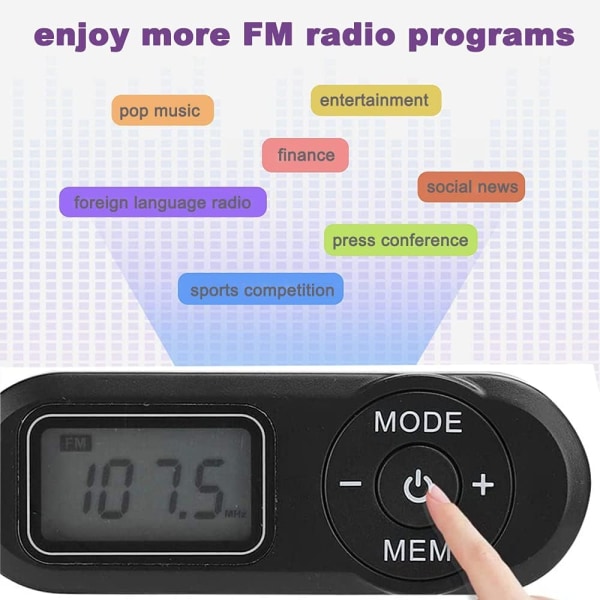 Kätevä taskuradio, Mini-FM-vastaanotin, Kuulokkeet, LED-näyttö, 20 lähetystä, Muistipaikat, Henkilökohtainen radio