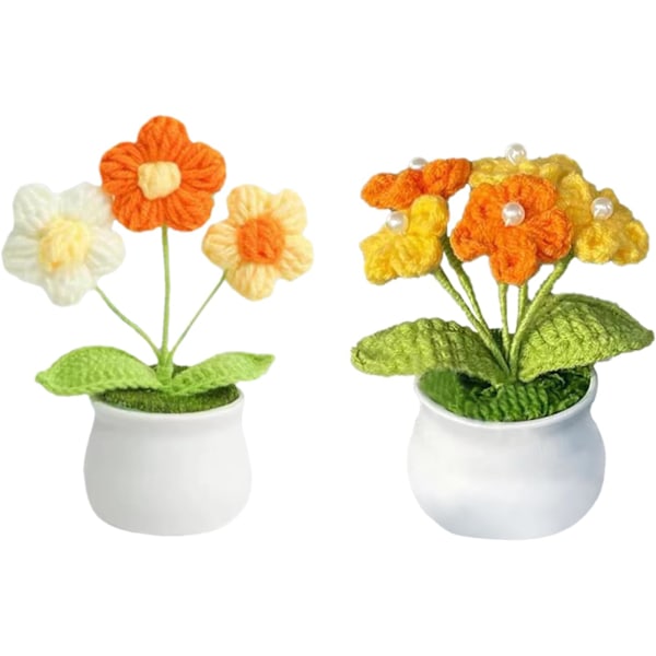 2 Pak Hæklede Potteplanter Strikkede Hæklede Blomster Små Strikkede Blomster i Potte med Plastik Blomsterpotte Hæklet Blomst style 1
