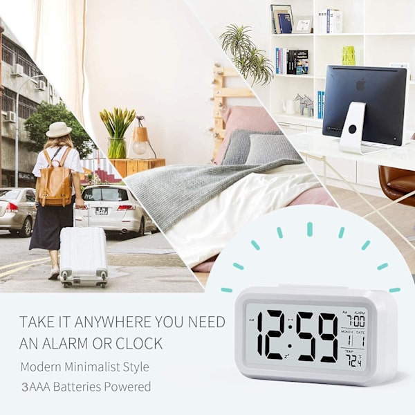 Digitalt vækkeur, 12/24 timers sengeur med LCD-baggrundsbelyst display, ur med dato, kalender og temperatur White