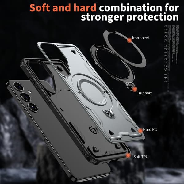 Samsung Galaxy A56 Armor Case, 360° metallringstöd, magnetisk stötsäker krockkuddebump, militärklassad grå