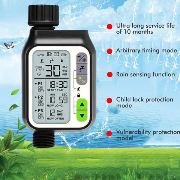 Sprinkler Digital bevattningsprogrammerare med regnsensor / automatisk och manuell styrning / regnsensor / barnsäkerhet