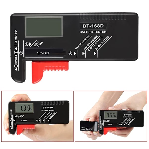 Digitalt batteritester, Universal batteritester, Batteritester, til AA, AAA, C, D, PP3, 9V, 1,5V, knapcelle batterier - Fungerer uden batterier
